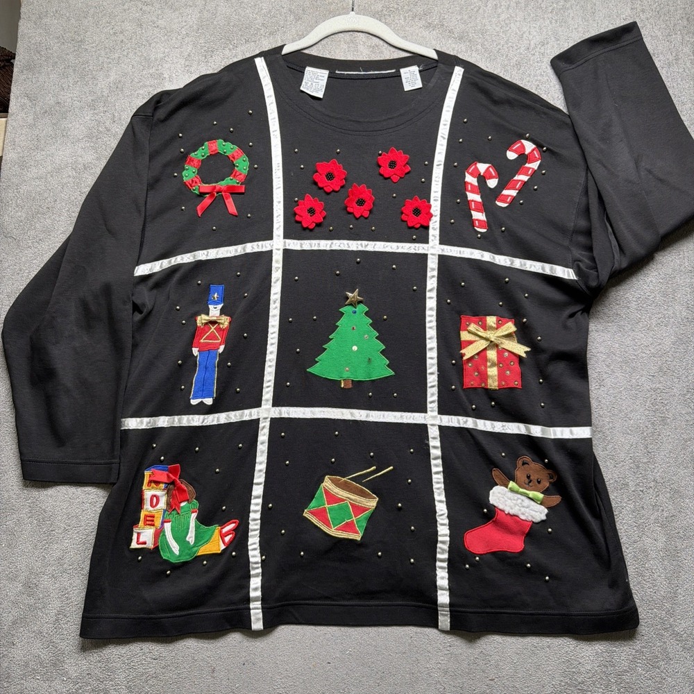 Vintage Christmas Sweater Womens XL Black Patchwork Applique Embellished